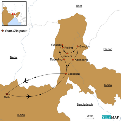 Reiseverlauf, Zwischen Teeplantage und Bergklöstern, Sikkim, Indien Kulturreise, Stepmap