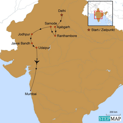 Karte zur Indien Rundreise: Tiger, Maharadschas & Bollywood - Die vielen Facetten Indiens