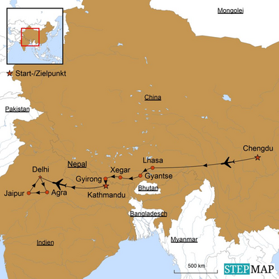 Reiseverlauf, Best of Tibet, Nepal und Indien Kombinationsreise, Karte