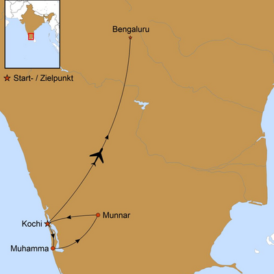 Karte, Reiseverlauf, Indien Yoga Reise