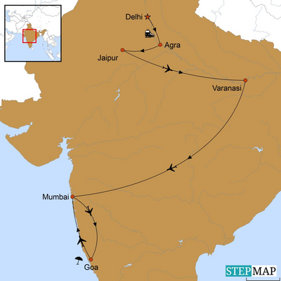 Reiseverlauf, Zwischen Taj Mahal und goldenen Stränden, Indien Rundreise, Stepmap