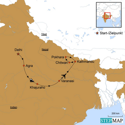 Reiseverlauf, Von Delhi bis ins Hochland von Nepal, Indien und Nepal Rundreise, Stepmap