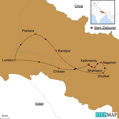 Reiseverlauf, Im Herzen des Himalaya, Nepal Rundreise, Stepmap