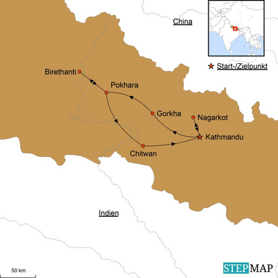 Karte zur Nepal Reise - Himalaya, Dschungel und alte Königsstädte