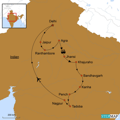Reiseverlauf, Die Tiger Route, Indien Naturreise, Karte