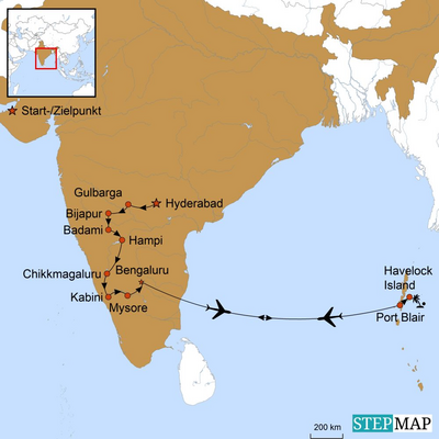 Karte zur Indien Reise - Tempelwunderland Karnataka und Auszeit auf den Andamanen